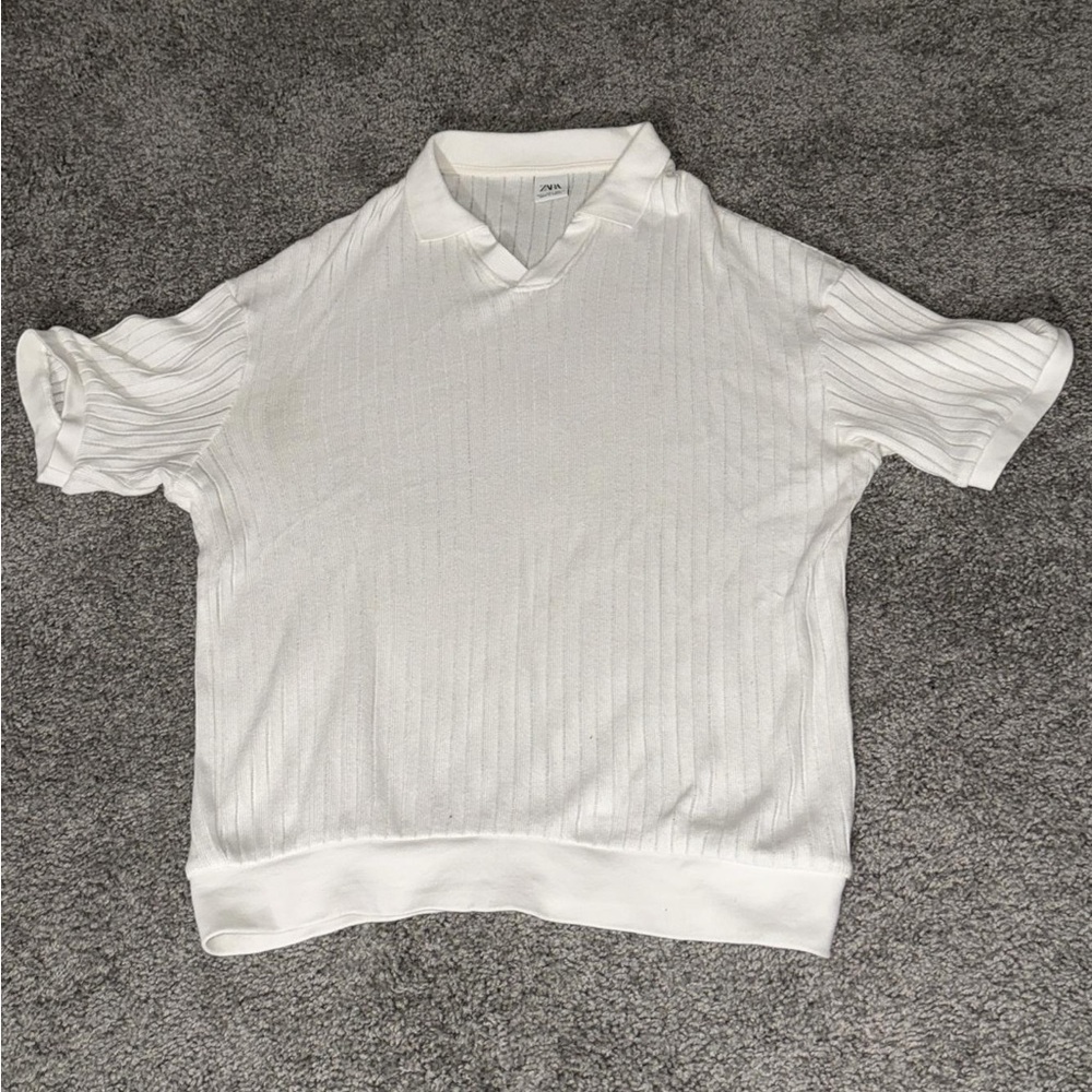 White Short Sleeve Knit Top - Jaquard polo